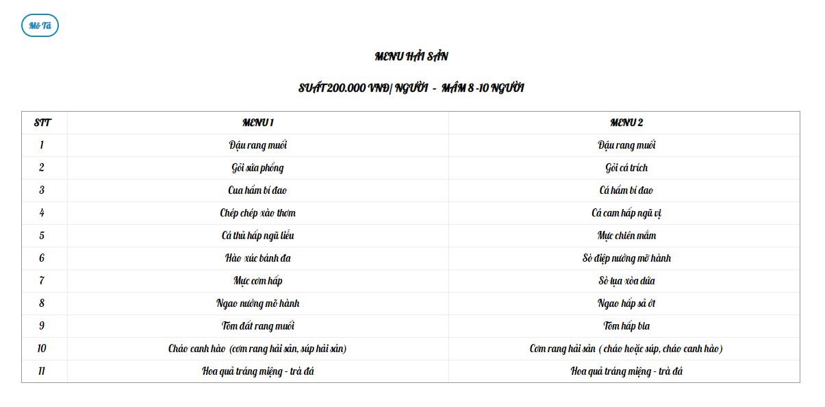 Menu Hải Sản Các loại